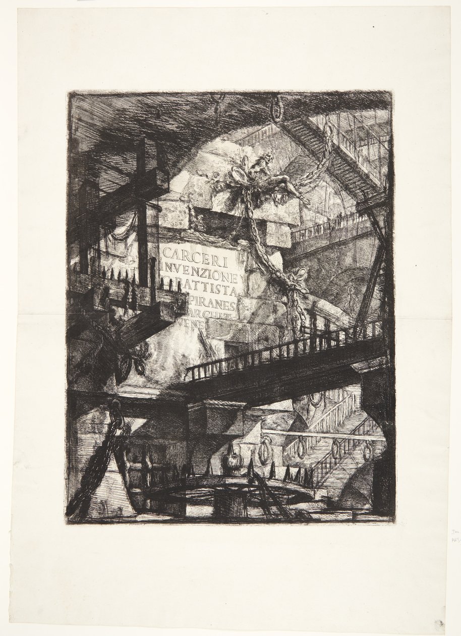 Wyimaginowane więzienia. Tytuł autorstwa Giovanni Battista Piranesi