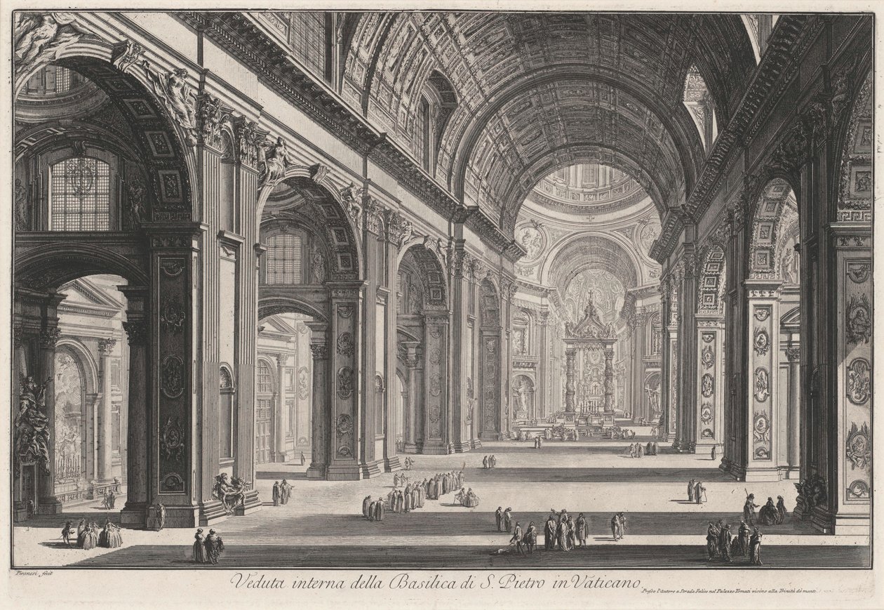 Widok wnętrza bazyliki św. Piotra na Watykanie (z: Vedute di Roma) autorstwa Giovanni Battista Piranesi
