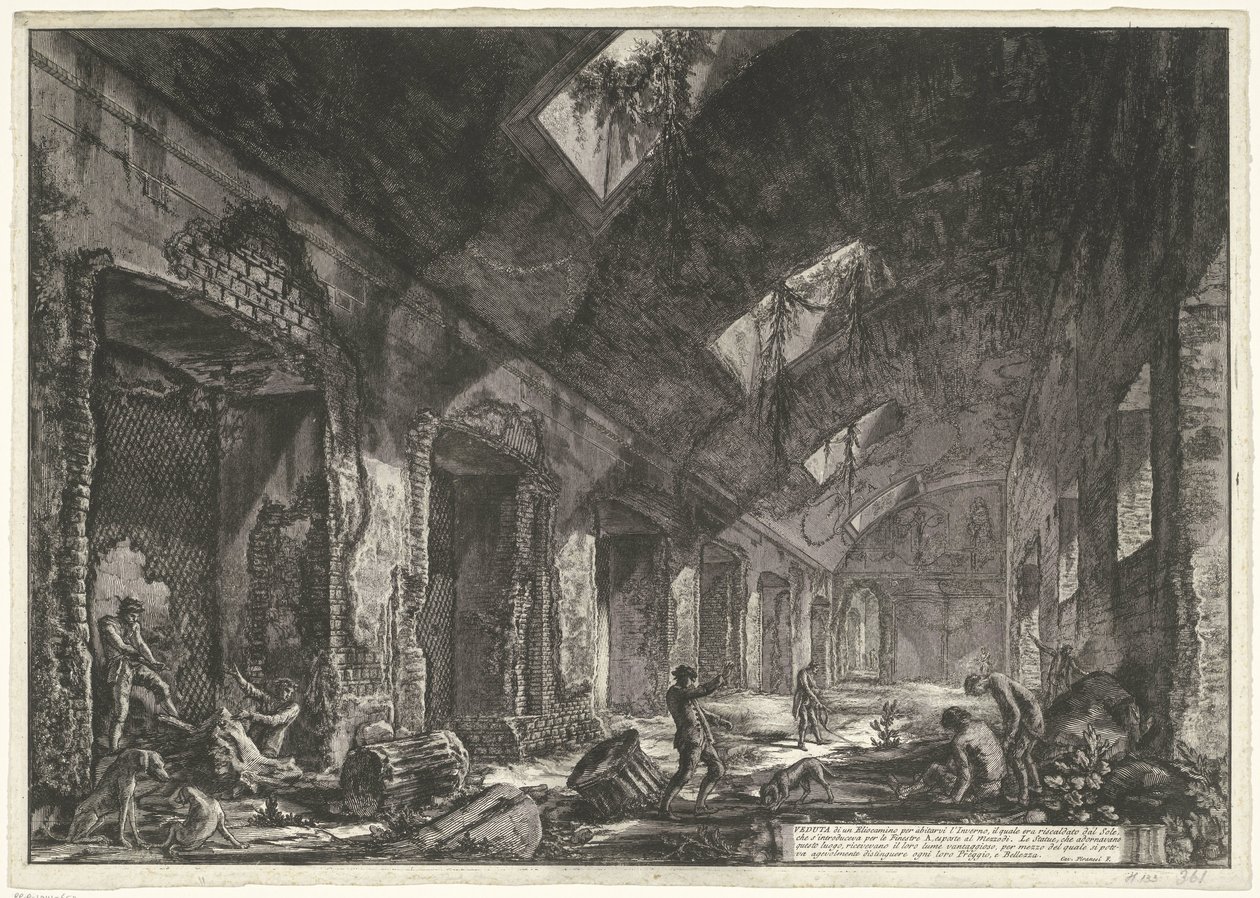 Interieur van de Heliocaminus Baden w de Villa Adriana t i Tivoli Widoki kominka Helio do życia w zimie, który był ogrzewany przez słońce, które było wprowadzane przez okna (tytuł na obiekcie) Gezichten op Rome (tytuł serii) Widoki Rzymu diseg autorstwa Giovanni Battista Piranesi