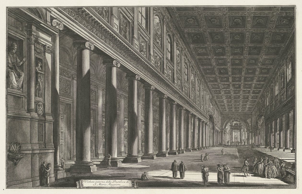 Interieur van de Santa Maria Maggiore w Rzymie Widok wnętrza bazyliki S. Maria Maggiore (tytuł na obiekcie) Gezichten op Rome (tytuł serii) Widoki Rzymu zaprojektowane i wyryte przez architekta Giambattistę Piranesiego Ve (nez) iano (tytuł serii) autorstwa Giovanni Battista Piranesi
