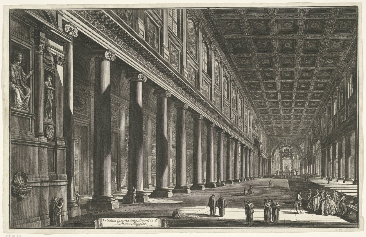 Interieur van de Santa Maria Maggiore w Rzymie Widok wnętrza bazyliki S. Maria Maggiore (tytuł na obiekcie) Gezichten op Rome (tytuł serii) Widoki Rzymu zaprojektowane i wyryte przez architekta Giambattistę Piranesiego Ve (nez) iano (tytuł serii) autorstwa Giovanni Battista Piranesi