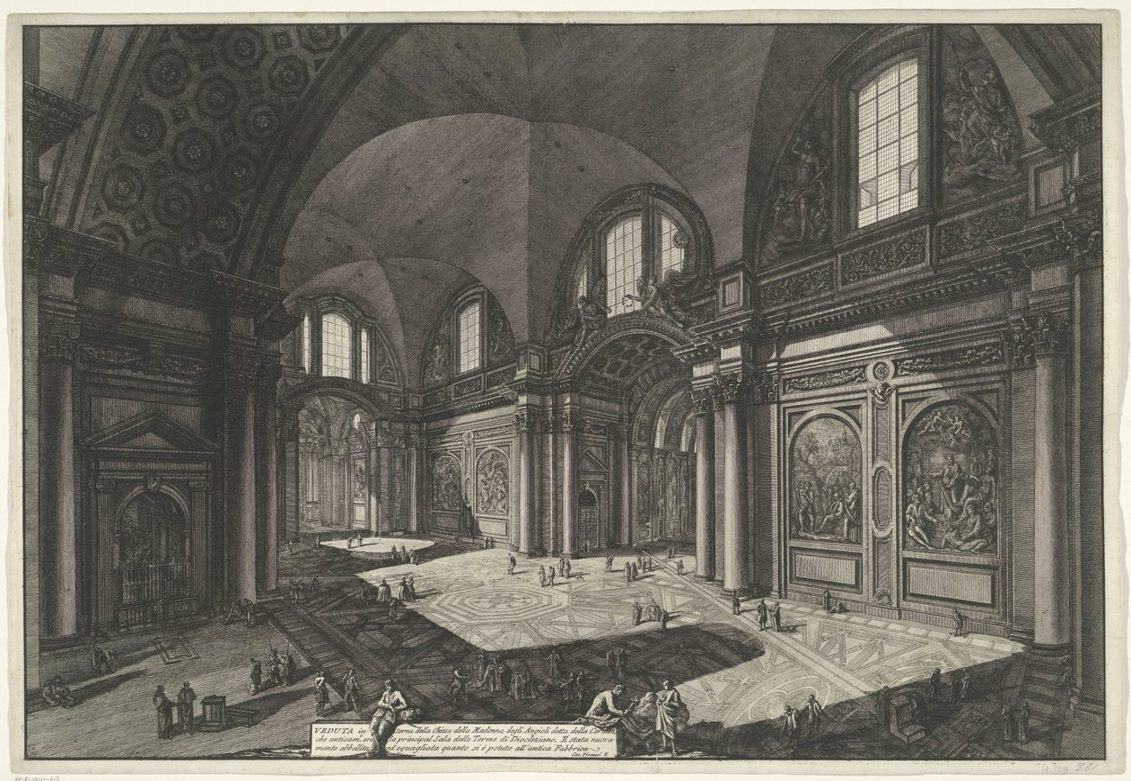 Interieur van de Santa Maria degli Angeli e dei Martiri te Rome Widok wnętrza kościoła Madonna degli Anioli della della Certosa, który był starożytny i był główną Salą Łaźni Dioklecjana (tytuł na obiekcie) Gezichten op Rome (tytuł serii) autorstwa Giovanni Battista Piranesi