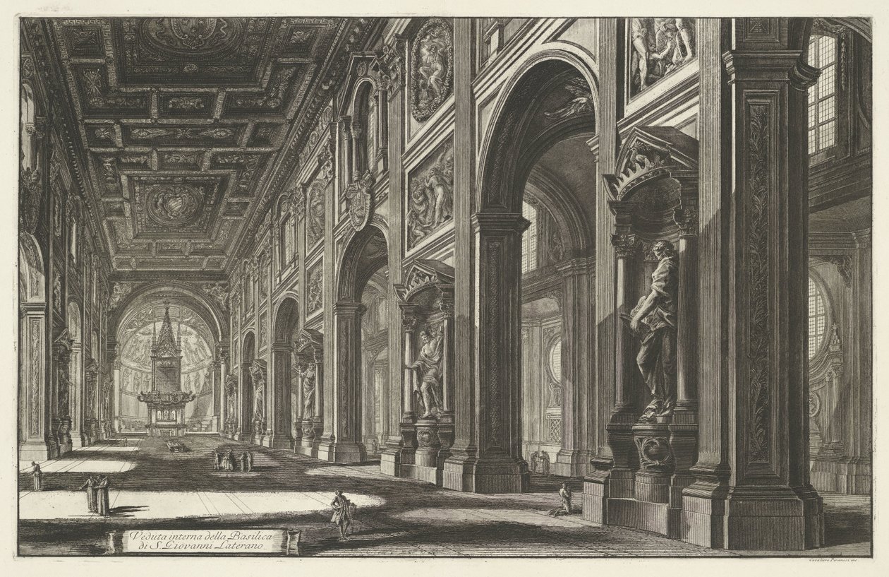 Interieur van de Sint-Jan van Lateranen te Rome Widok wnętrza bazyliki S. Giovanni Laterano (tytuł na obiekcie) Gezichten op Rome (tytuł serii) Widoki Rzymu zaprojektowane i wyryte przez architekta Giambattistę Piranesiego Ve (nez) iano (tytuł serii) autorstwa Giovanni Battista Piranesi
