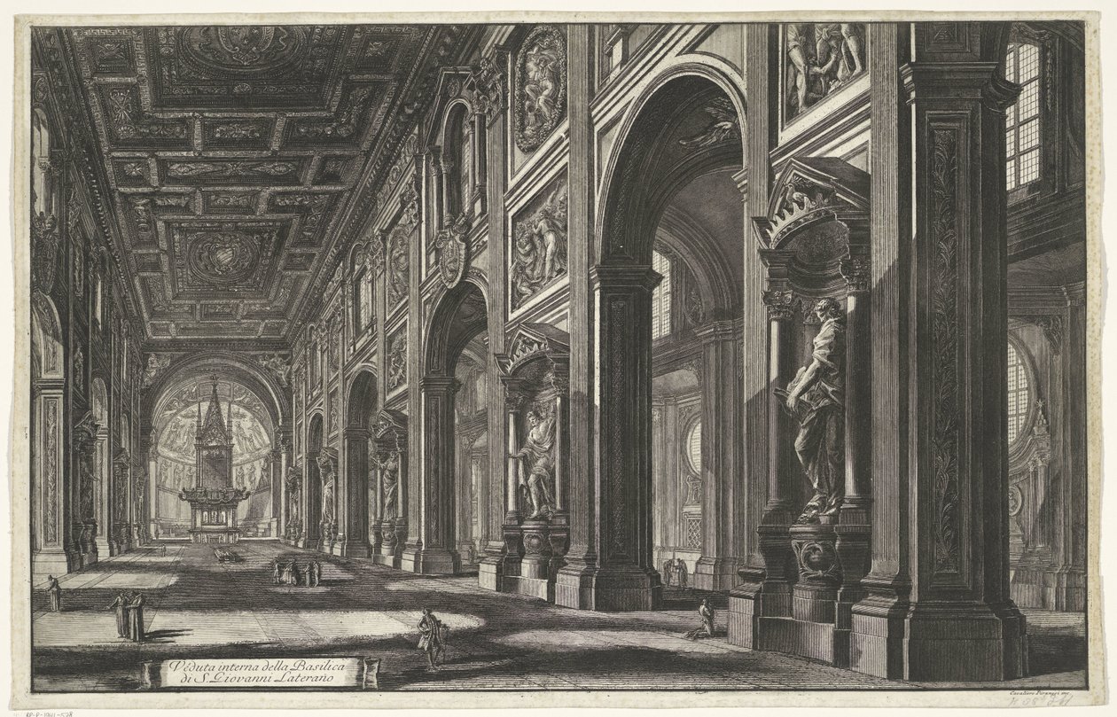 Interieur van de Sint-Jan van Lateranen te Rome Widok wnętrza bazyliki S. Giovanni Laterano (tytuł na obiekcie) Gezichten op Rome (tytuł serii) Widoki Rzymu zaprojektowane i wyryte przez architekta Giambattistę Piranesiego Ve (nez) iano (tytuł serii) autorstwa Giovanni Battista Piranesi