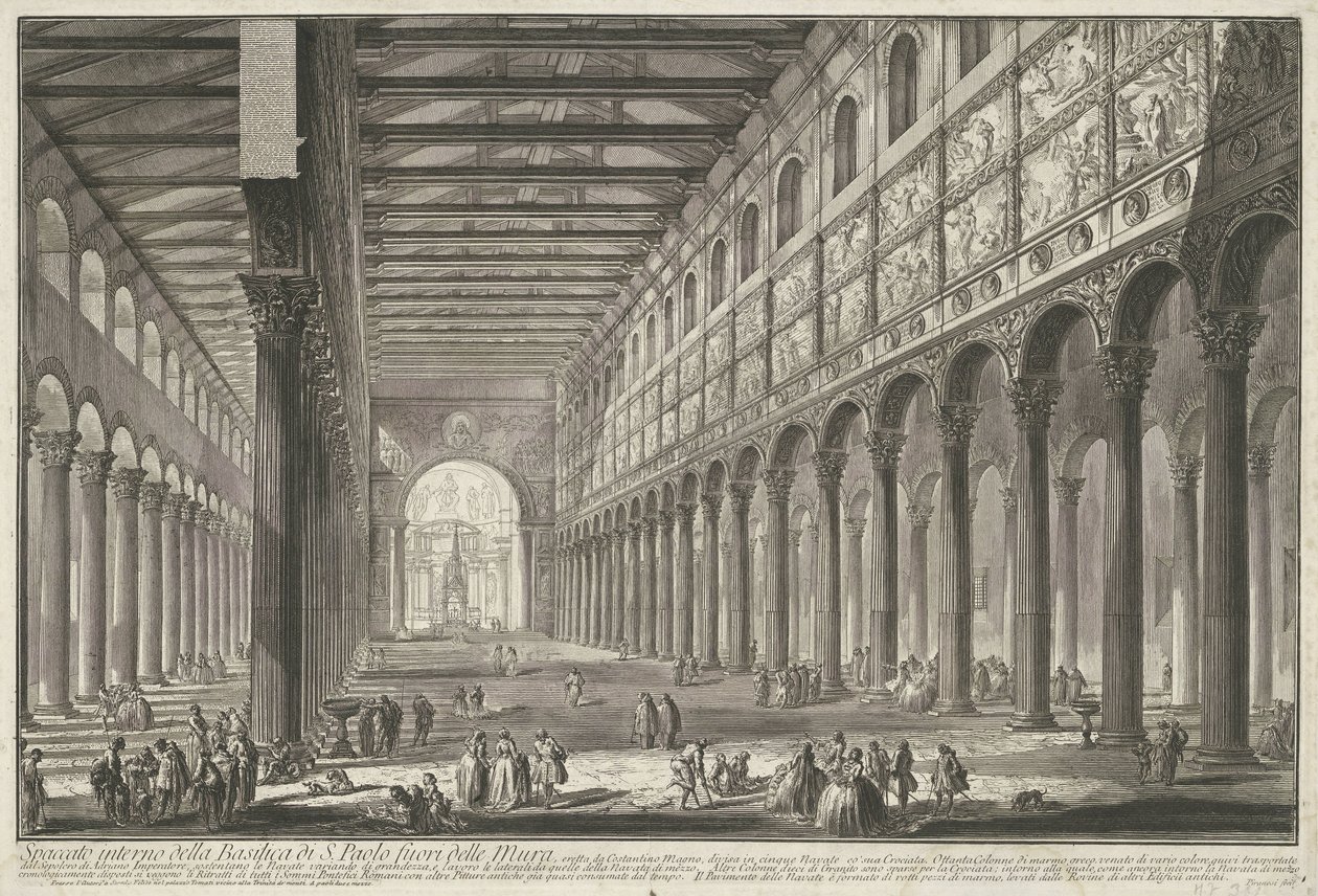 Interieur van de Sint-Paulus buiten de Muren te Rome Widok wnętrza bazyliki S. Paolo fuori delle Mur (...) (tytuł na obiekcie) Gezichten op Rome (tytuł serii) Widoki Rzymu zaprojektowane i wyryte przez architekta Giambattistę Piranesiego Ve (nez) iano autorstwa Giovanni Battista Piranesi