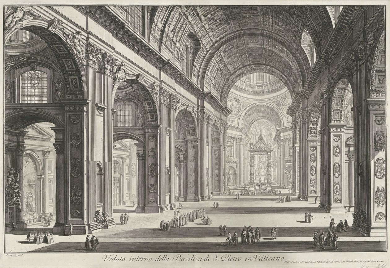 Interieur van de Sint-Pietersbasiliek te Vaticaanstad Widok wnętrza Bazyliki Świętego Piotra w Watykanie (tytuł na obiekcie) Gezichten op Rome (tytuł serii) Widoki Rzymu zaprojektowane i wyryte przez architekta Giambattistę Piranesiego Ve (nez) iano (seria autorstwa Giovanni Battista Piranesi