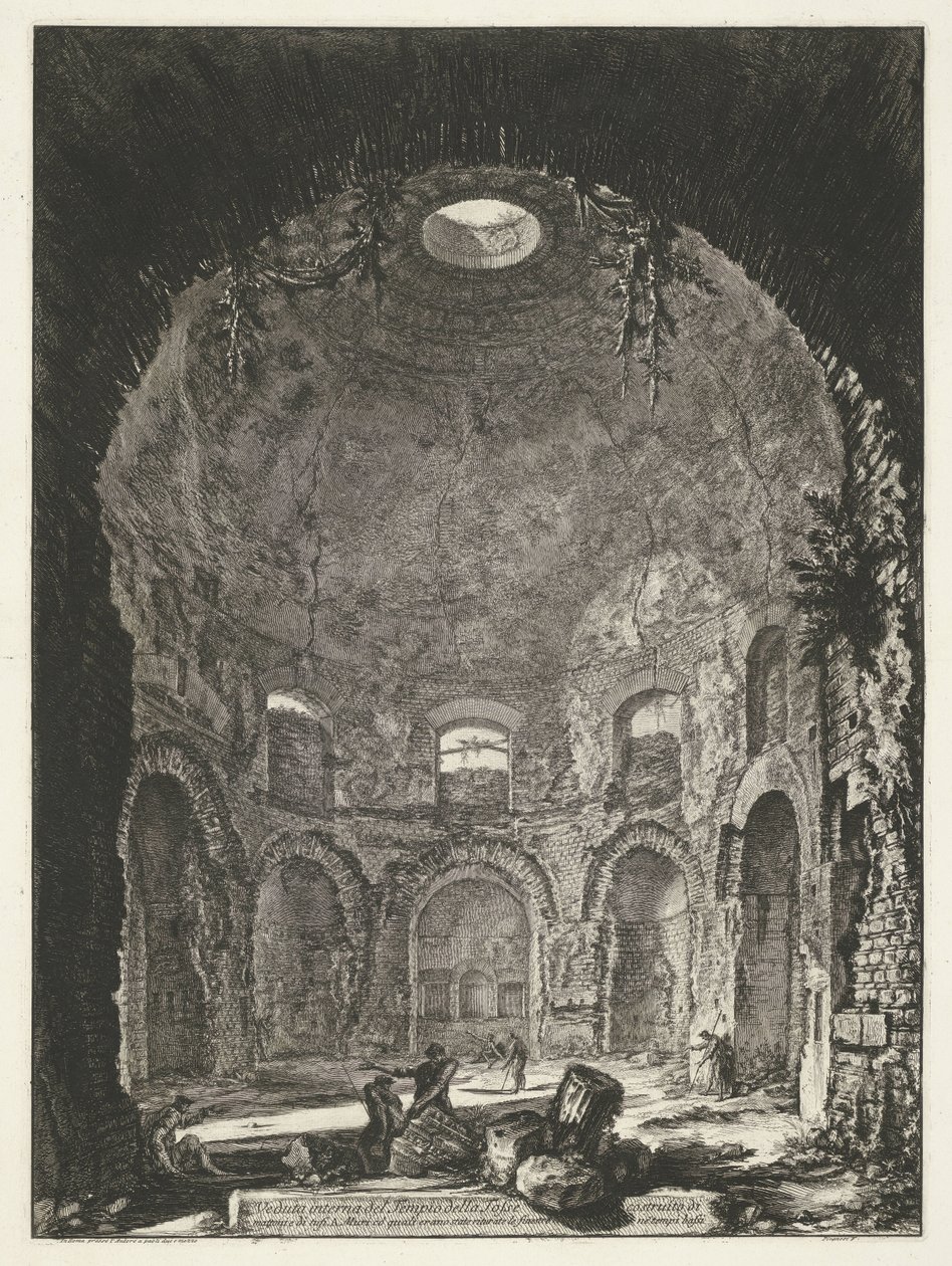 Interieur van de Tempio della Tosse w Tivoli Widok wewnętrzny Tempio della Tosse (...) (tytuł na obiekcie) Gezichten op Rome (tytuł serii) Widoki Rzymu zaprojektowane i wyryte przez architekta Giambattistę Piranesiego Ve (nez) iano (tytuł serii) autorstwa Giovanni Battista Piranesi