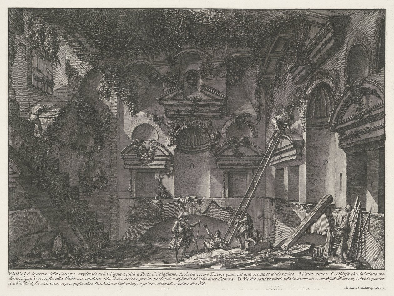 Wnętrze graftombe bij Vigna Casali Widok wnętrza komory grobowej w winnicy Casali w Porta S. Sebastiano (tytuł na obiekcie) Archeologische vondsten in en rond Rome (tytuł serii) Starożytności rzymskie (tytuł serii) autorstwa Giovanni Battista Piranesi