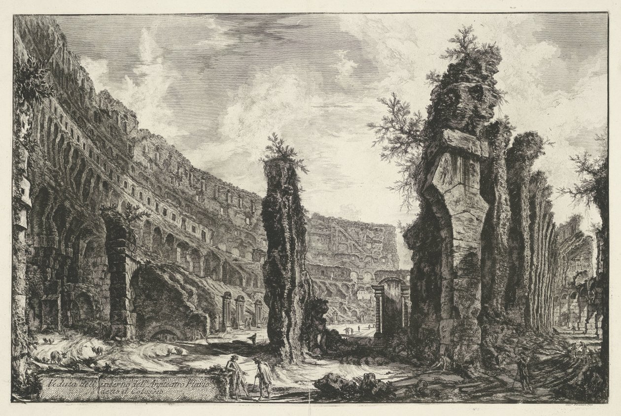 Interieur van het Colosseum te Rome Widok wnętrza Amfiteatru Flawiuszów zwanego Koloseum (tytuł na obiekcie) Gezichten op Rome (tytuł serii) Widoki Rzymu zaprojektowane i wyryte przez architekta Giambattistę Piranesiego Ve (nez) iano (tytuł serii) autorstwa Giovanni Battista Piranesi
