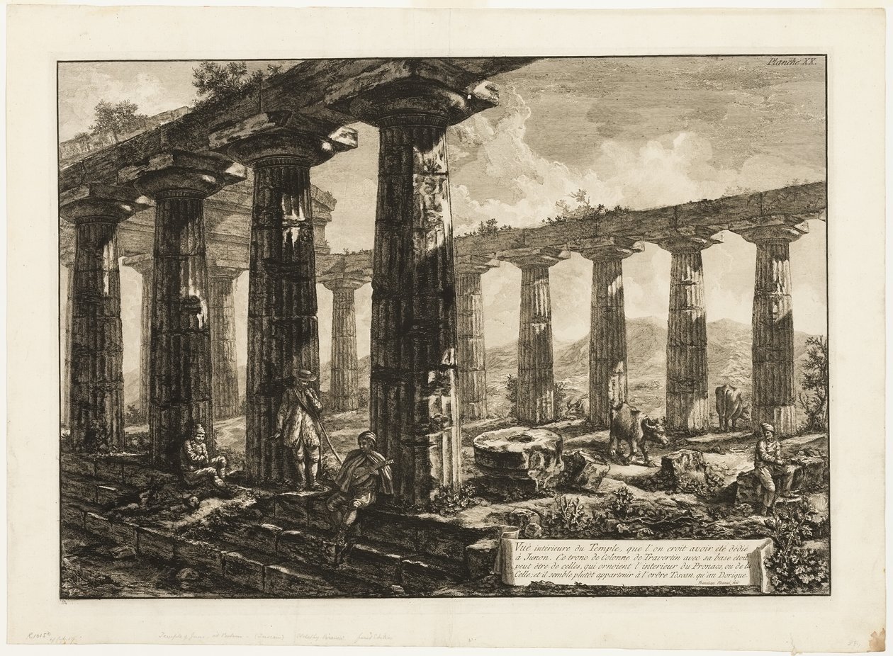 Widok wnętrza świątyni, która, jak się uważa, była poświęcona Juno, z różnych widoków Paestum autorstwa Giovanni Battista Piranesi