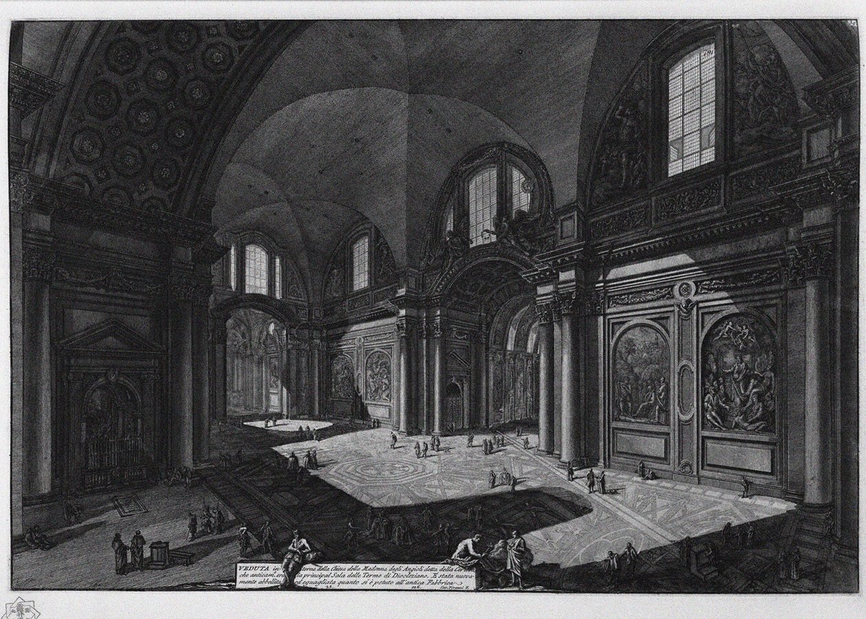 Wnętrze bazyliki Santa Maria degli Angeli dawne łaźnie Dioklecjana, w latach 1765-1775 autorstwa Giovanni Battista Piranesi