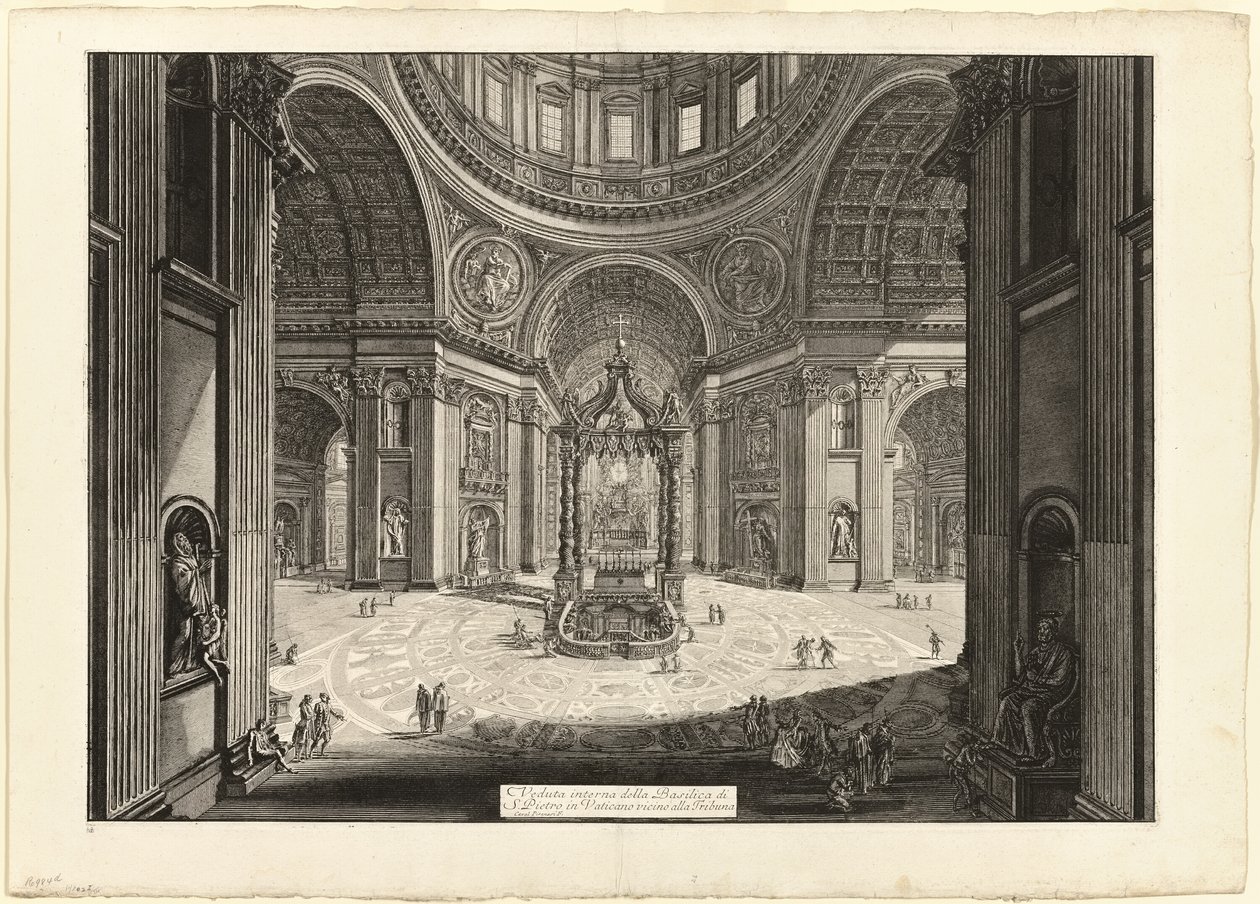 Widok wnętrza Bazyliki Świętego Piotra w Watykanie, w pobliżu trybuny, z Widoki Rzymu autorstwa Giovanni Battista Piranesi