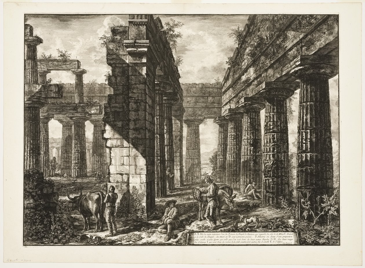 Widok wnętrza szczątków jednego z pronaoi świątyni Neptuna, który jest skierowany w głąb lądu, z różnych widoków Paestum autorstwa Giovanni Battista Piranesi