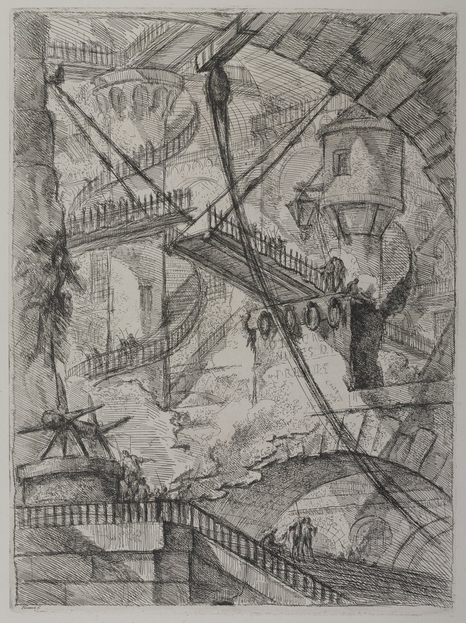 Invenzioni Capric di Carceri; Hind 7, Pierwszy Stan Trzy, c. 1749 (akwaforta na papierze wykładanym) autorstwa Giovanni Battista Piranesi