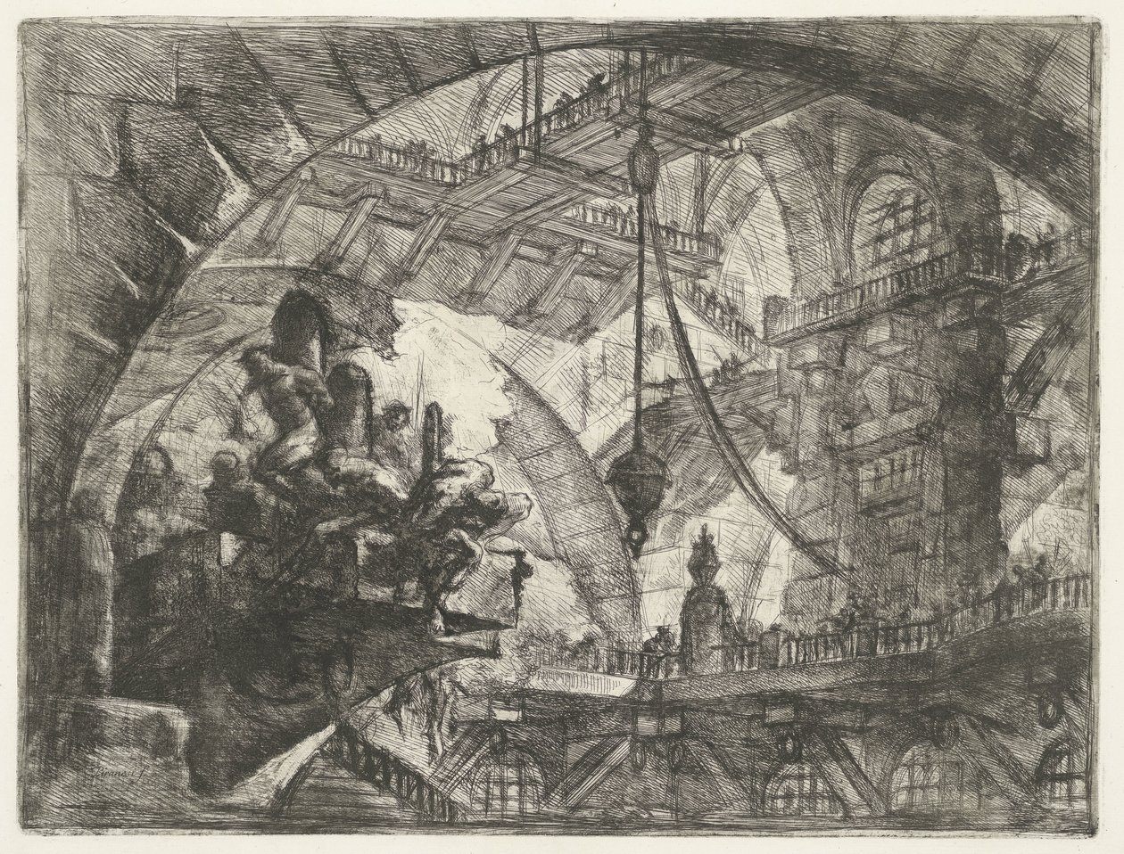 Loch z więźniami na wystającej platformie Lochy (tytuł serii) Invenzioni Capric di Carceri all Acqua Forte (tytuł serii) autorstwa Giovanni Battista Piranesi