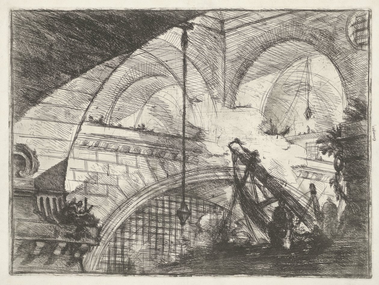 Loch z instalacją do podnoszenia Łuk z ornamentem muszli Lochy (tytuł serii) Invenzioni Capric di Carceri all Acqua Forte (tytuł serii) autorstwa Giovanni Battista Piranesi