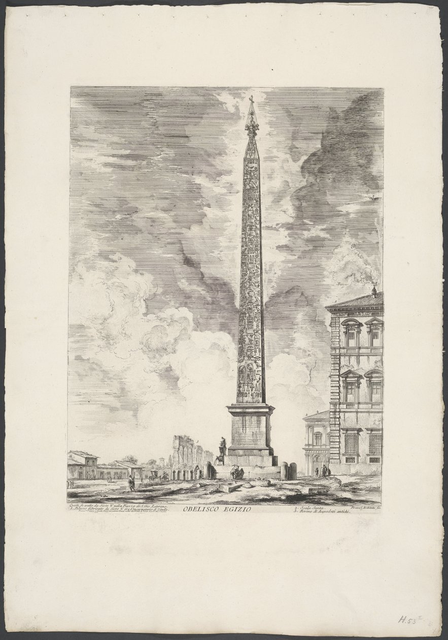 Obelisk na Lateranie w Rzymie Obelisk egipski (tytuł na obiekcie) Gezichten op Rome (tytuł serii) Widoki Rzymu zaprojektowane i wyryte przez architekta Giambattistę Piranesiego Ve (nez) iano (tytuł serii) autorstwa Giovanni Battista Piranesi