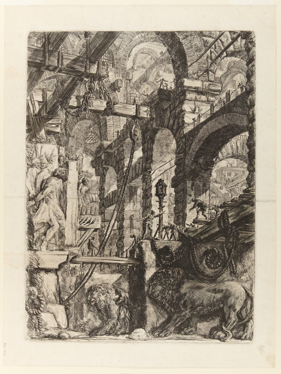 Więzienia wynalazków, plansza V: Lwy Bas-Reliefs autorstwa Giovanni Battista Piranesi