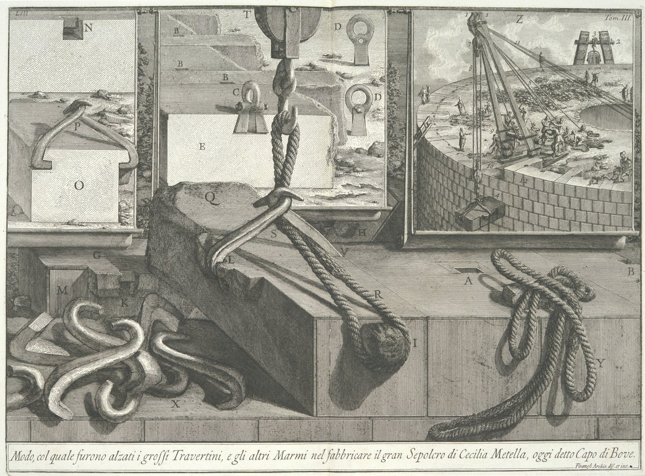 Sposób, w jaki podnoszono wielkie bloki trawertynu i marmuru..., 1756-57. autorstwa Giovanni Battista Piranesi