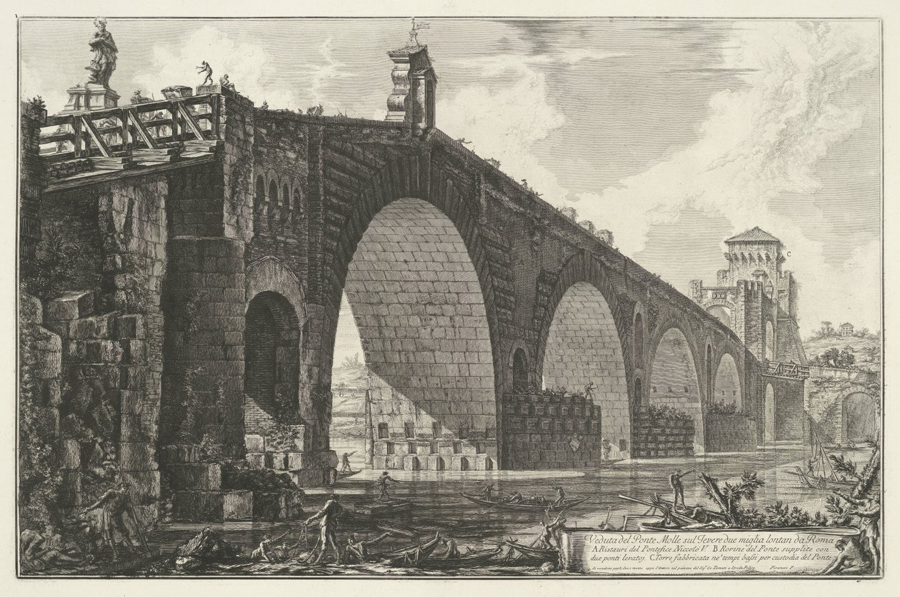 Milvische brug te Rome Widok na Ponte Molle nad Tybrem dwie mile od Rzymu (tytuł na obiekcie) Gezichten op Rome (tytuł serii) Widoki Rzymu zaprojektowane i wyryte przez architekta Giambattistę Piranesiego Ve (nez) iano (tytuł serii) autorstwa Giovanni Battista Piranesi