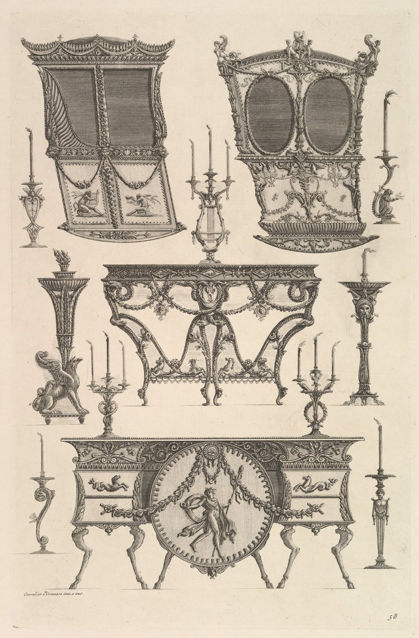 Różne meble w tym dwie lektyki, stolik i komoda Deux c..., ca. 1769. autorstwa Giovanni Battista Piranesi