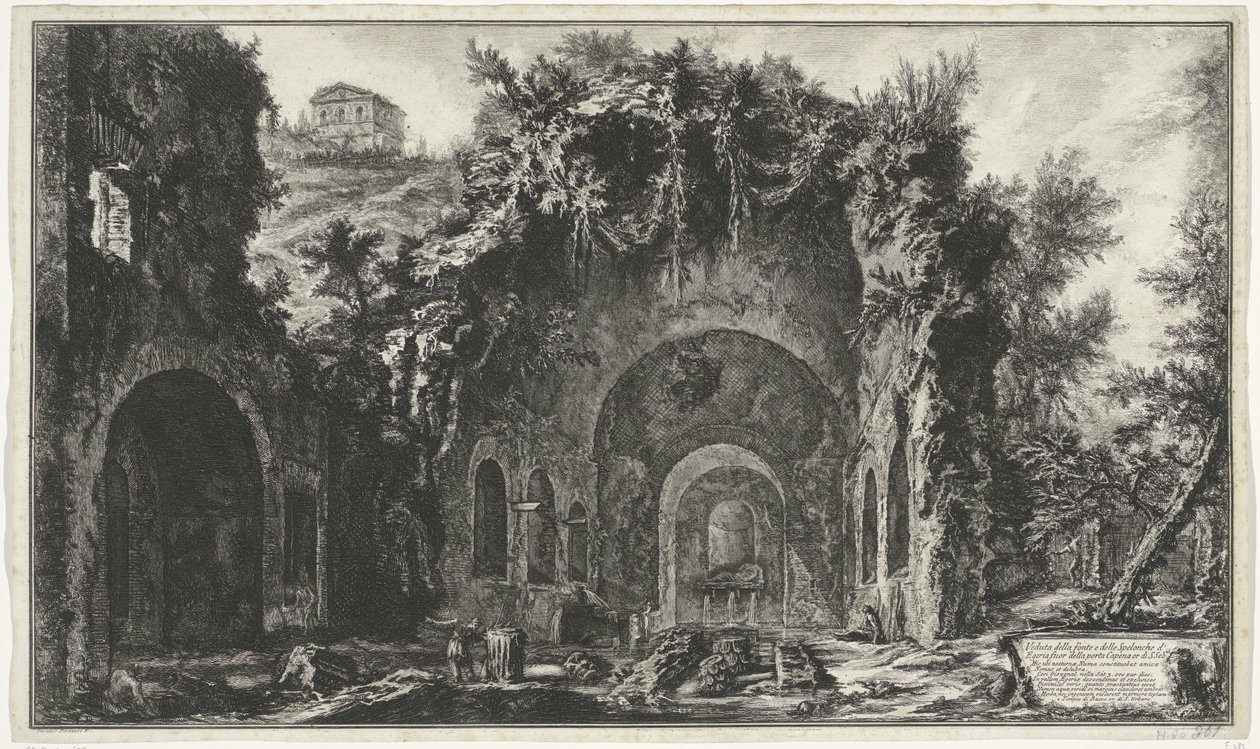 Nymphaeum van Egeria w Rzymie Widok źródła i jaskiń Egiptu poza Porta Capena lub di S. Seb.n (...) (tytuł na obiekcie) Gezichten op Rome (tytuł serii) Widoki Rzymu zaprojektowane i wyryte przez architekta Giambattistę Piranesiego Ve (nez) ian autorstwa Giovanni Battista Piranesi