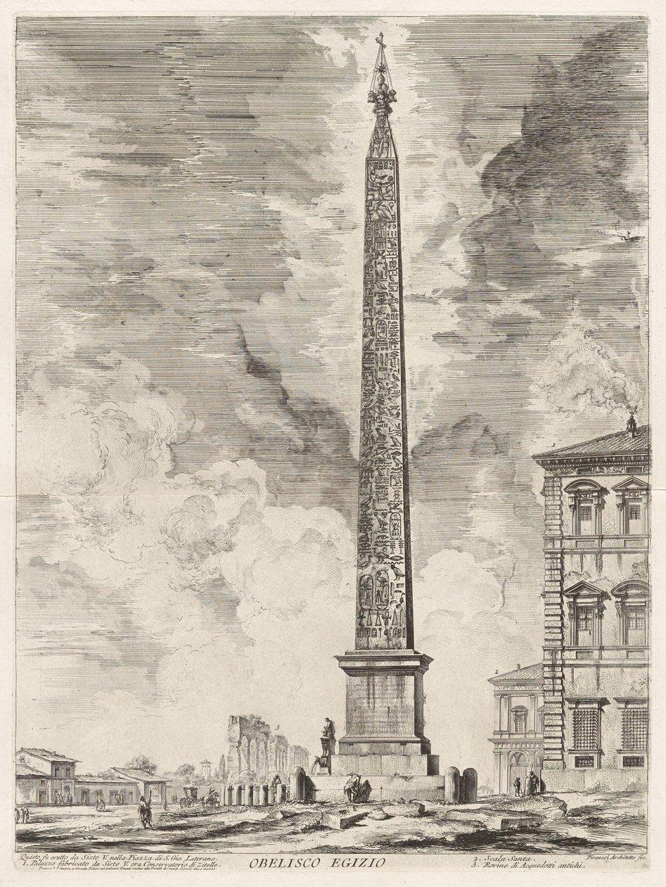 Egipski obelisk. Został on wzniesiony przez papieża Sykstusa V na Piazza di S. Gio. Laterano, z Vedute di Roma (Widoki Rzymu) autorstwa Giovanni Battista Piranesi