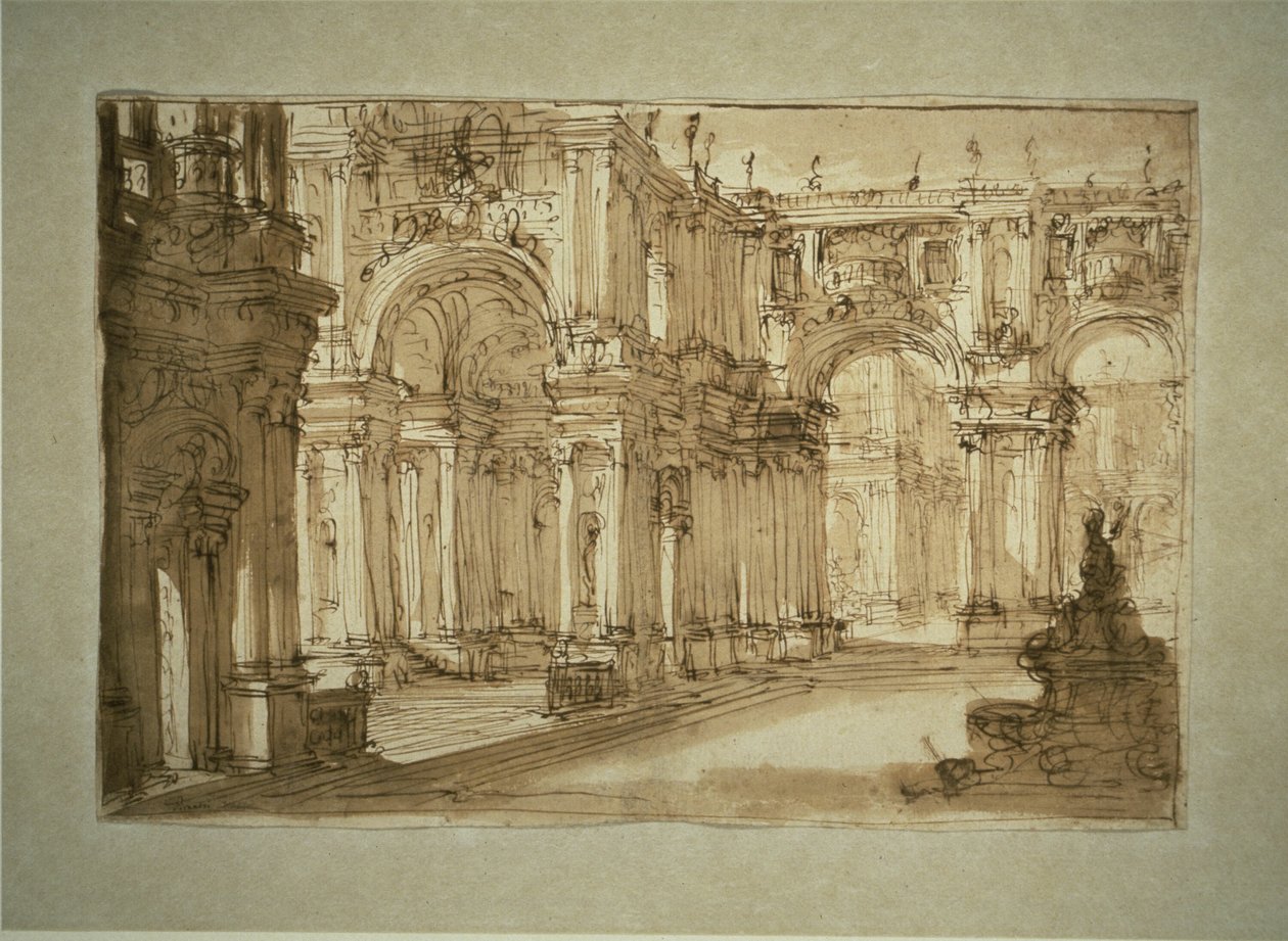 Dziedziniec pałacowy z fontanną autorstwa Giovanni Battista Piranesi