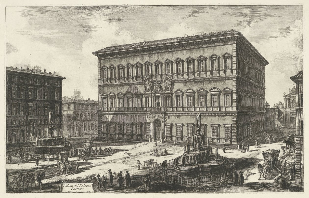 Palazzo Farnese w Rzymie Widok na Palazzo Farnese (tytuł na obiekcie) Gezichten op Rome (tytuł serii) Widoki Rzymu zaprojektowane i wyryte przez architekta Giambattistę Piranesiego Ve (nez) iano (tytuł serii) autorstwa Giovanni Battista Piranesi