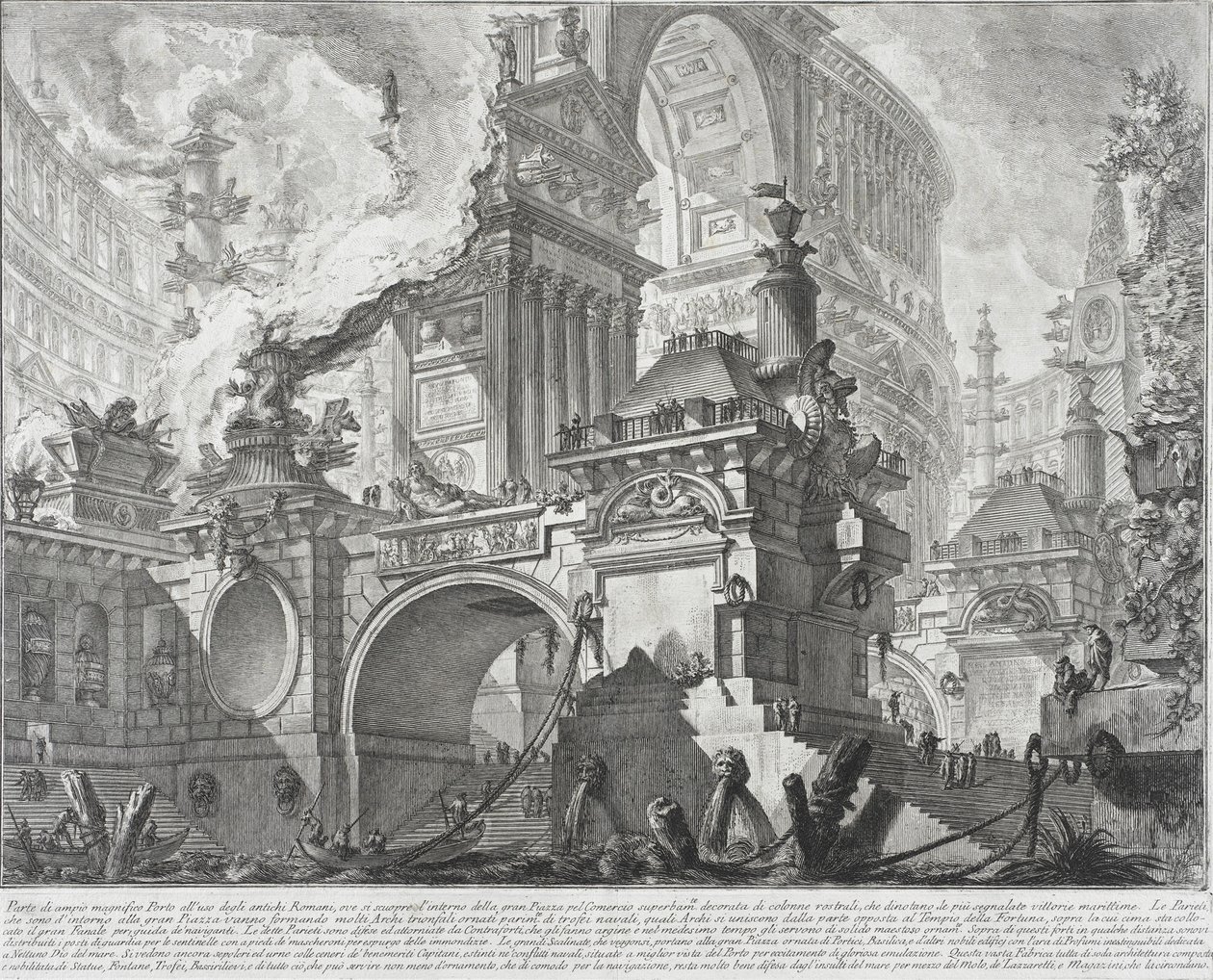 Część przestronnego i wspaniałego portu do użytku starożytnych Rzymian otwierającego się na duży rynek, 1761-80 autorstwa Giovanni Battista Piranesi