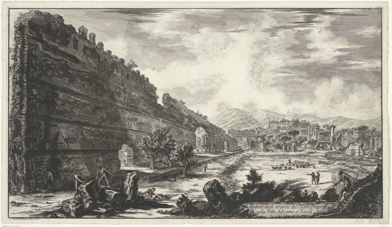 Pecile w Villa Adriana t i Tivoli Widok szczątków Castro Pretorio w Villa Adriana w Tivoli (tytuł na obiekcie) Gezichten op Rome (tytuł serii) Widoki Rzymu zaprojektowane i wyryte przez architekta Giambattistę Piranesiego Ve (nez) iano (tytuł serii autorstwa Giovanni Battista Piranesi
