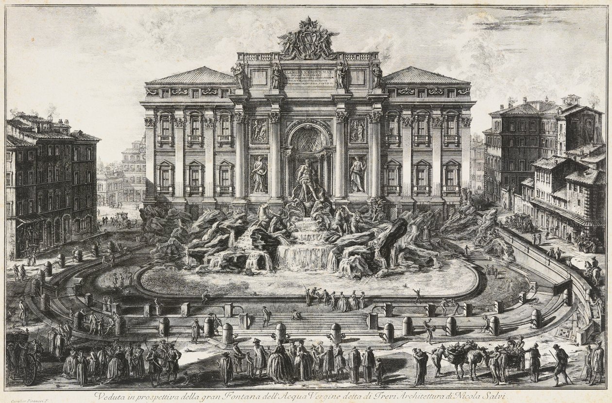 Perspektywiczny widok wielkiej fontanny Acqua Vergine, zwanej Fontanną di Trevi autorstwa Giovanni Battista Piranesi