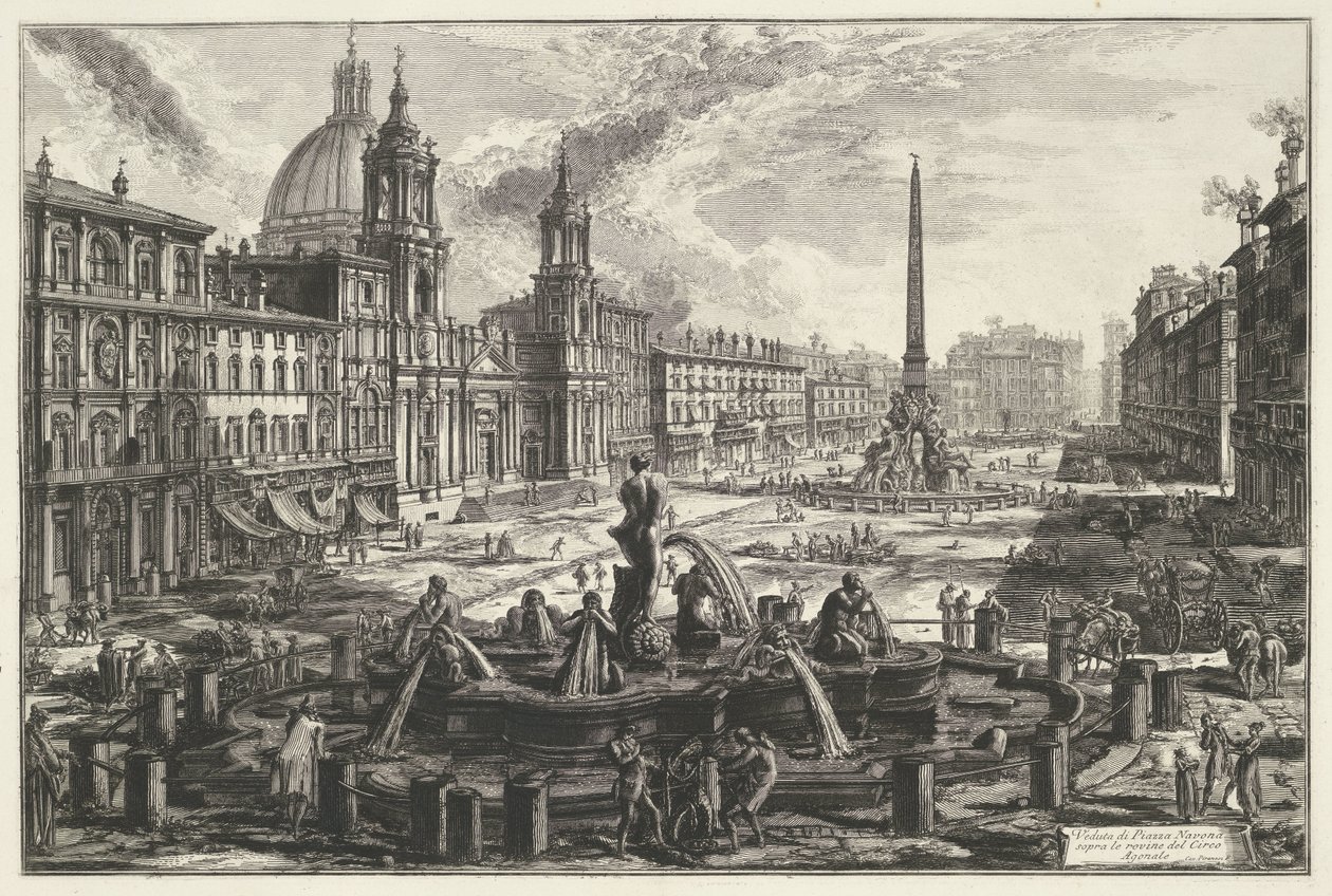 Piazza Navona w Rzymie Widok Piazza Navona na ruiny Cyrku Agonalnego (tytuł na obiekcie) Gezichten op Rome (tytuł serii) Widoki Rzymu zaprojektowane i wyryte przez architekta Giambattistę Piranesiego Ve (nez) iano (tytuł serii) autorstwa Giovanni Battista Piranesi