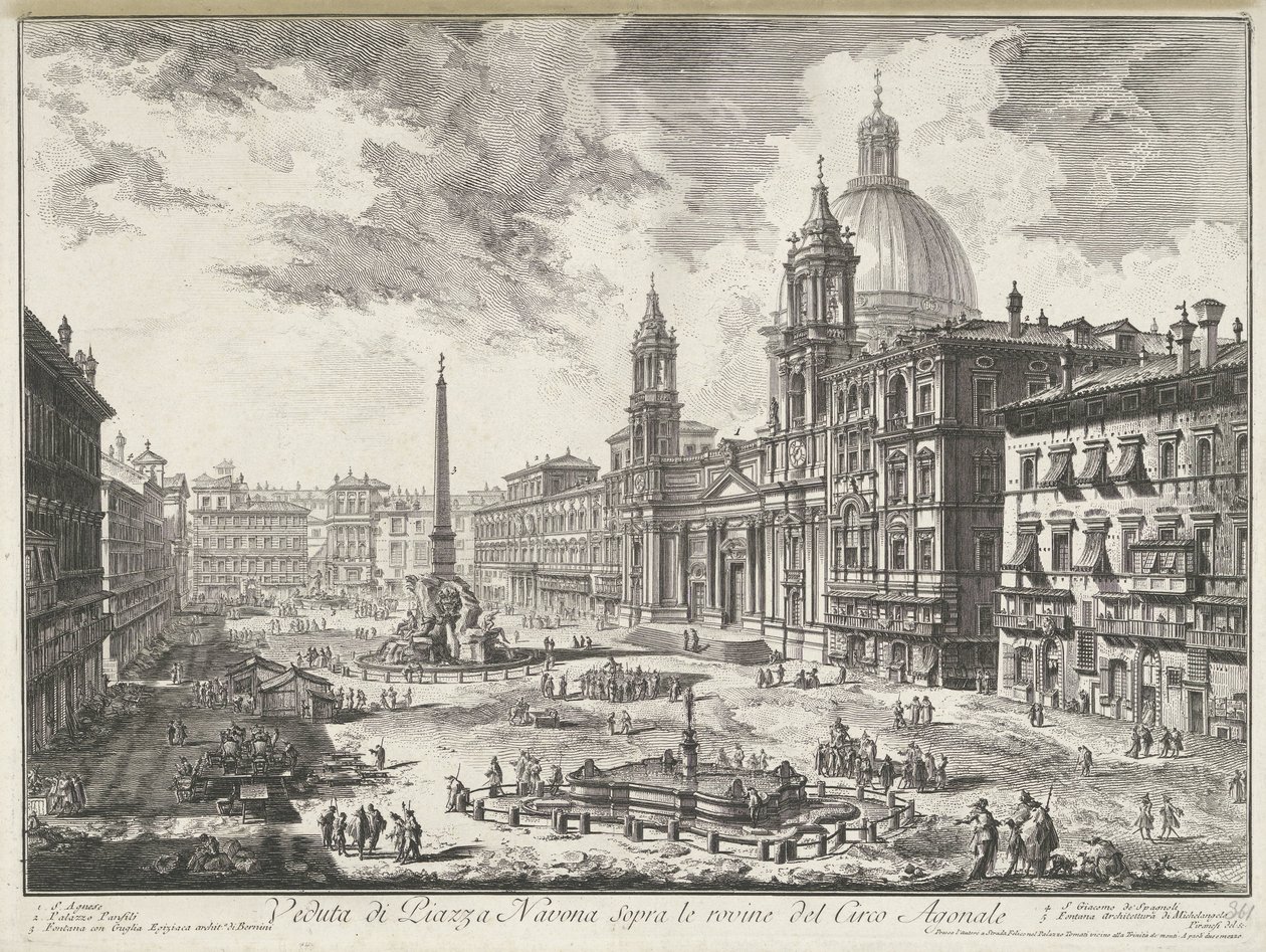 Piazza Navona w Rzymie Widok Piazza Navona na ruiny Cyrku Agonalnego (tytuł na obiekcie) Gezichten op Rome (tytuł serii) Widoki Rzymu zaprojektowane i wyryte przez architekta Giambattistę Piranesiego Ve (nez) iano (tytuł serii) autorstwa Giovanni Battista Piranesi