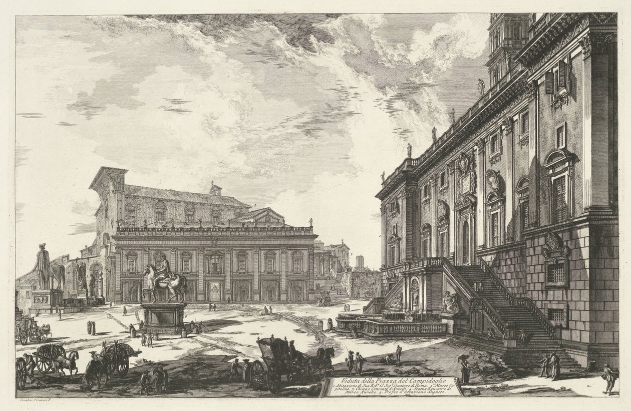Piazza del Campidoglio w Rzymie Widok na Piazza del Campidoglio (tytuł na obiekcie) Gezichten op Rome (tytuł serii) Widoki Rzymu zaprojektowane i wyryte przez architekta Giambattistę Piranesiego Ve (nez) iano (tytuł serii) autorstwa Giovanni Battista Piranesi