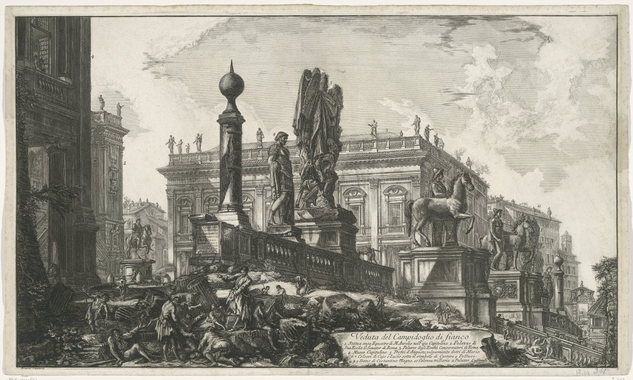 Capitol Square van łączy gezien Widok Kapitolu z boku (tytuł na obiekcie) Gezichten op Rome (tytuł serii) Widoki Rzymu zaprojektowane i wyryte przez architekta Giambattistę Piranesiego Ve (nez) iano (tytuł serii) autorstwa Giovanni Battista Piranesi