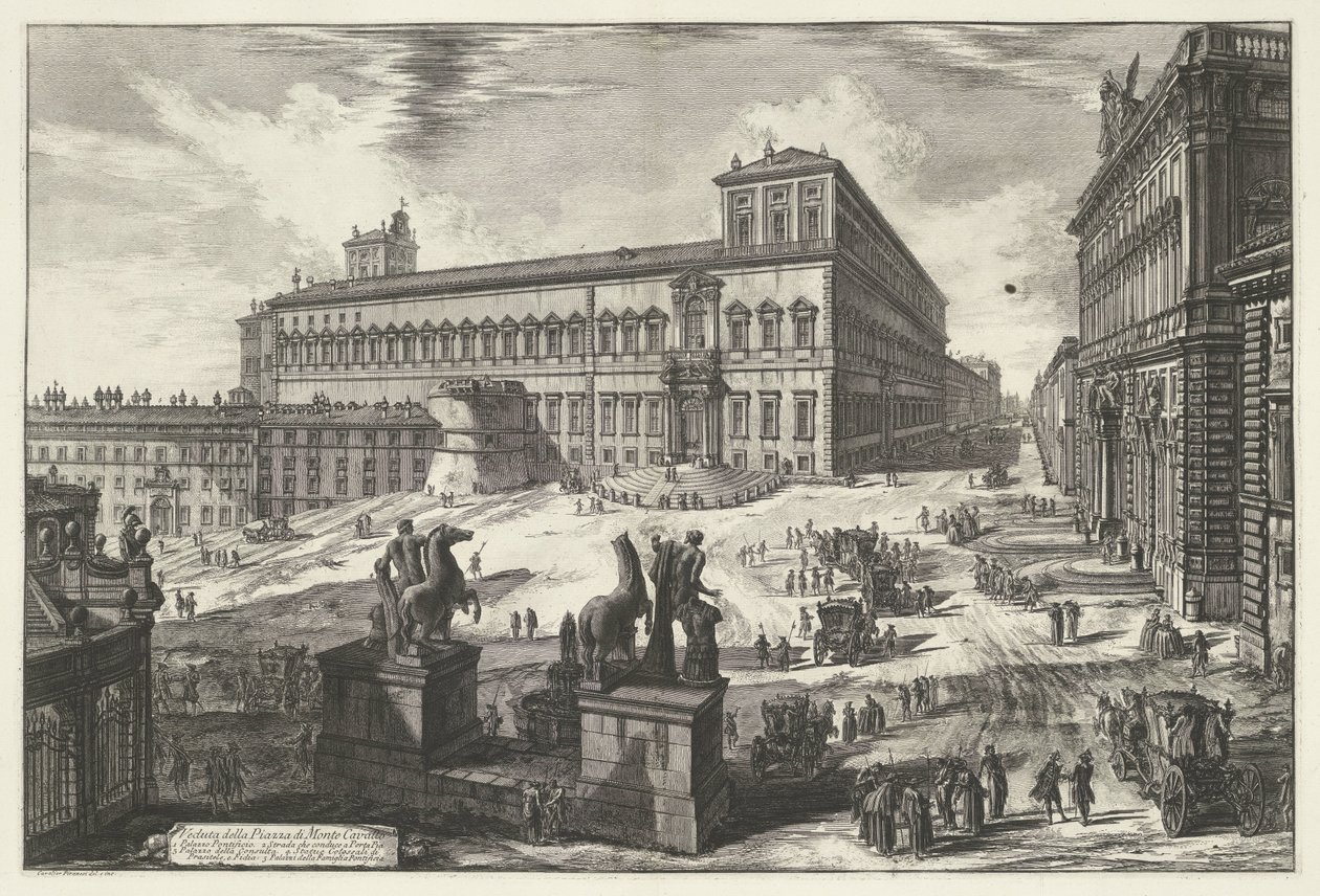 Piazza del Quirinale w Rzymie Widok na Piazza di Monte Cavallo (tytuł na obiekcie) Gezichten op Rome (tytuł serii) Widoki Rzymu zaprojektowane i wyryte przez architekta Giambattistę Piranesiego Ve (nez) iano (tytuł serii) autorstwa Giovanni Battista Piranesi