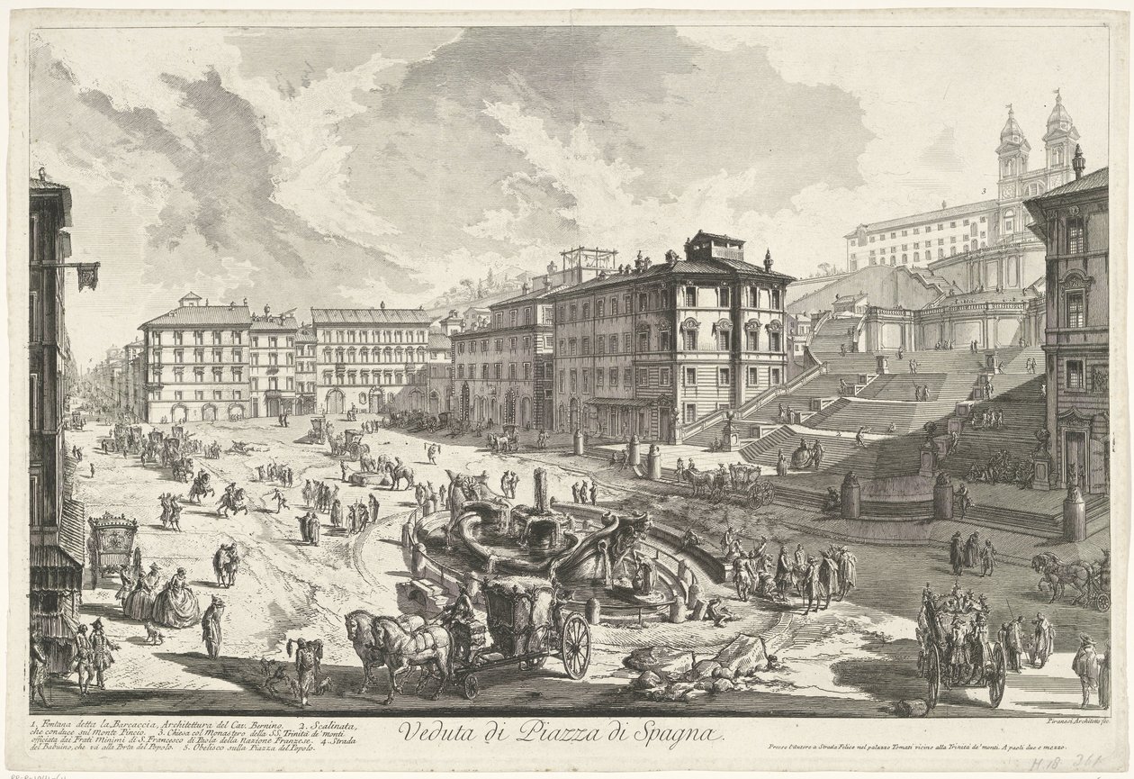 Schody Hiszpańskie w Rzymie Widok na Piazza di Spagna (tytuł na obiekcie) Gezichten op Rome (tytuł serii) Widoki Rzymu zaprojektowane i wyryte przez architekta Giambattistę Piranesiego Ve (nez) iano (tytuł serii) autorstwa Giovanni Battista Piranesi