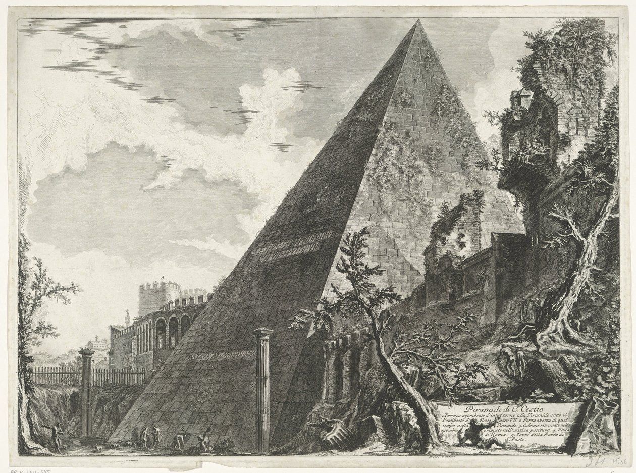 Piramide van Cestius te Rome Piramida C. Cestio (tytuł na obiekcie) Gezichten op Rome (tytuł serii) Widoki Rzymu zaprojektowane i wyryte przez architekta Giambattistę Piranesiego Ve (nez) iano (tytuł serii) autorstwa Giovanni Battista Piranesi