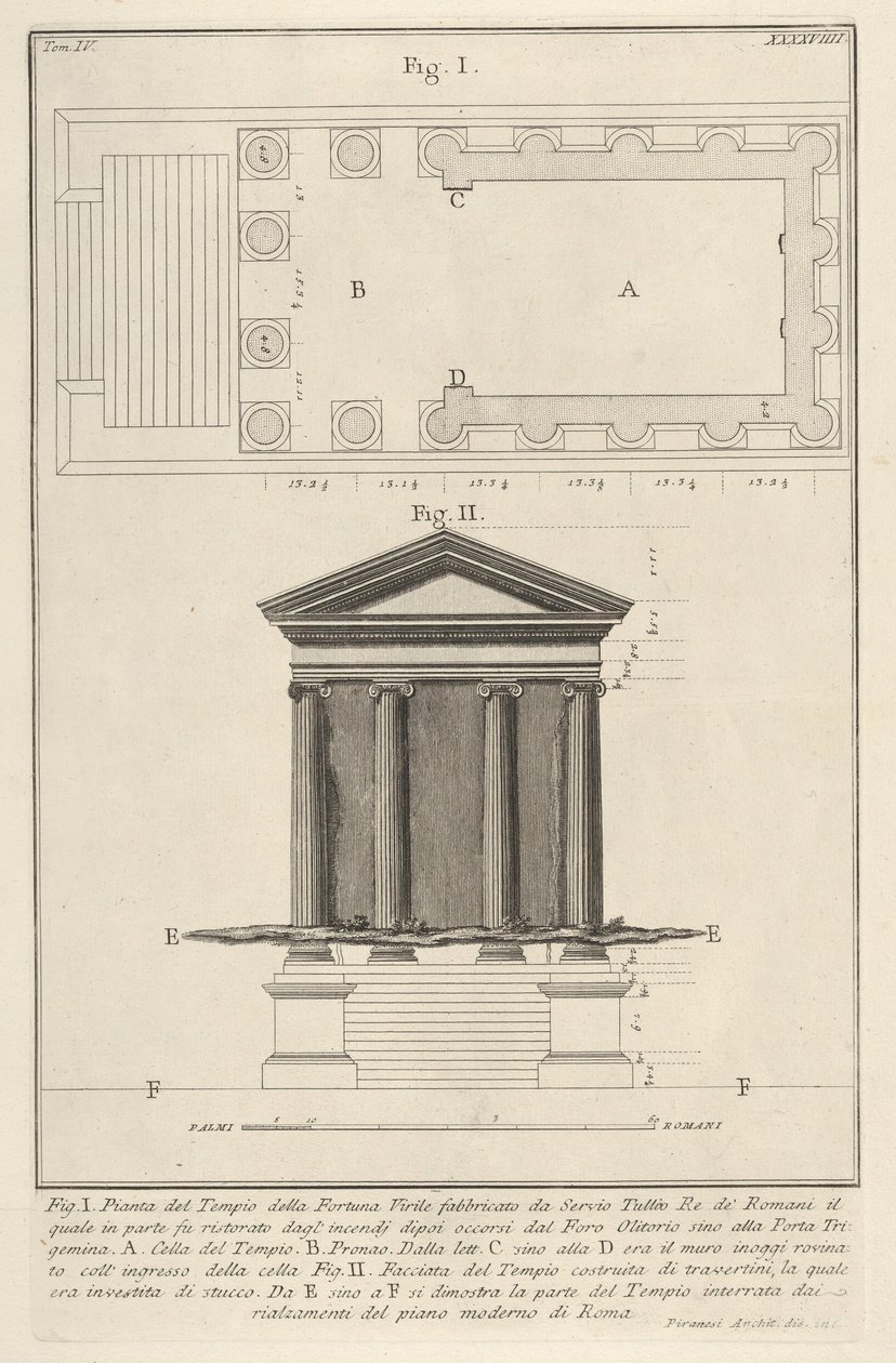 Plan i fasada świątyni Fortuna Virilis Tempio della Fortuna Virile, z lat 1756. autorstwa Giovanni Battista Piranesi