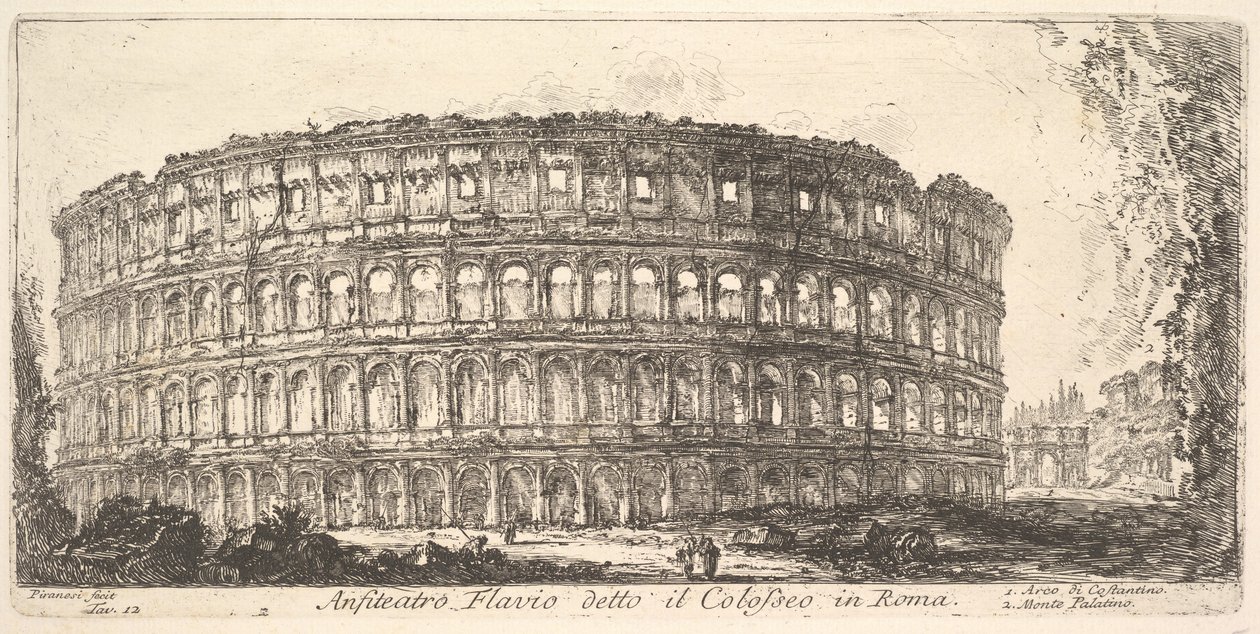 Płyta 12: Amfiteatr Flawiuszów, zwany Koloseum. 1. Łuk Konstantyna. 2. Palat..., ca. 1748. autorstwa Giovanni Battista Piranesi