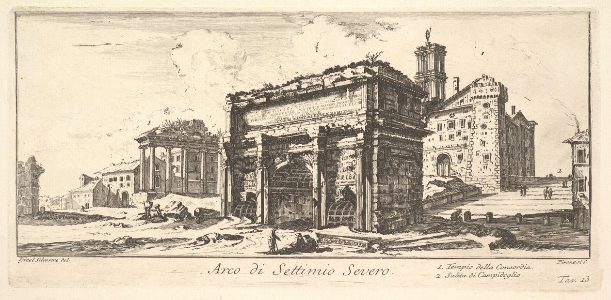 Płyta 13: Łuk Septymiusza Sewera 1. Świątynia Zgody. 2. Wejście na Kapitol..., ok. godz. 1748. autorstwa Giovanni Battista Piranesi