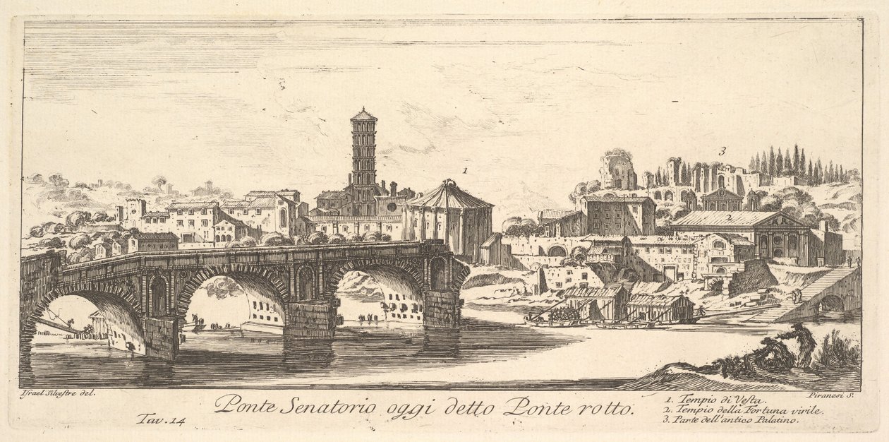 Tablica 14: Most Senatorski, dziś zwany Mostem Zerwanym Ponte Rotto. 1. Świątynia..., ca. 1748. autorstwa Giovanni Battista Piranesi