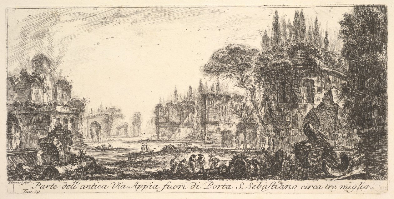 Ilustracja 19: Część starożytnej Drogi Appijskiej około trzech mil od Porta S. Sebastiano..., ca. 1748. autorstwa Giovanni Battista Piranesi