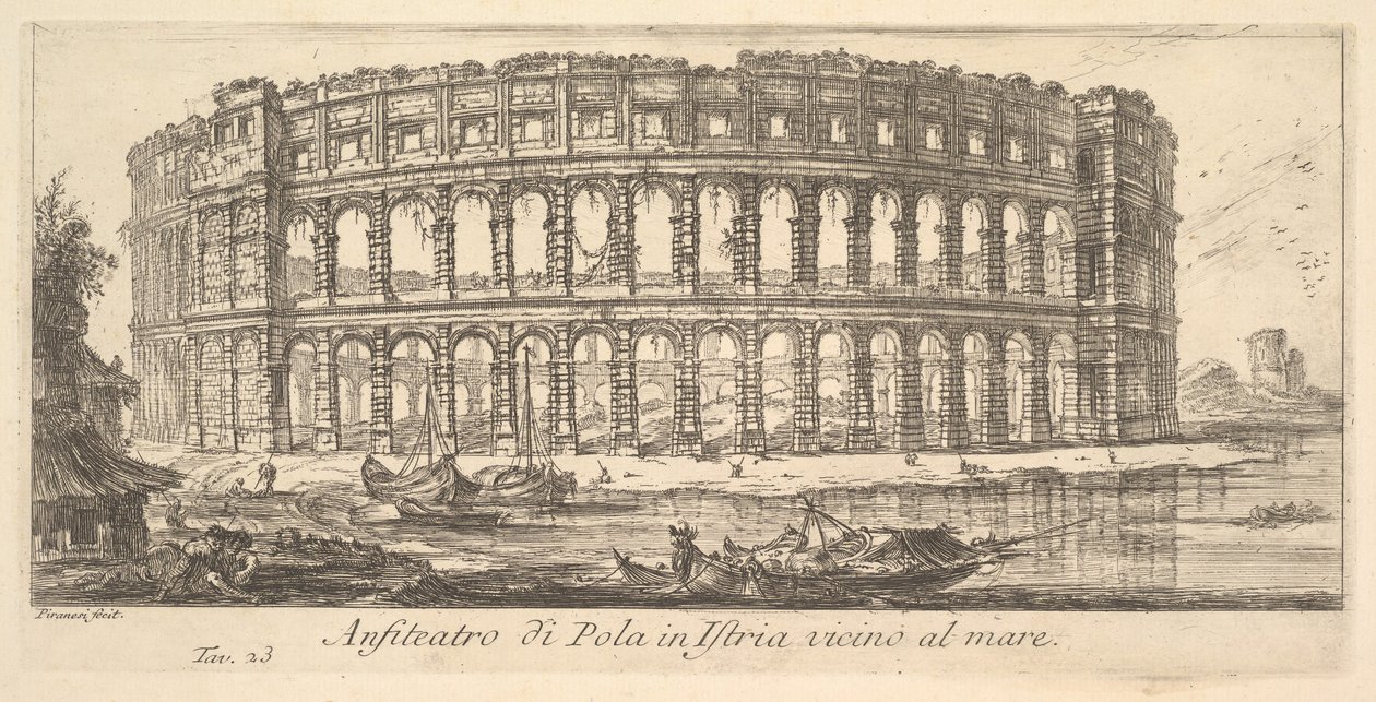 Ilustracja 23: Amfiteatr w Puli na Istrii w pobliżu morza Anfiteatro di Pola na Istrii vi ..., ca. 1748. autorstwa Giovanni Battista Piranesi