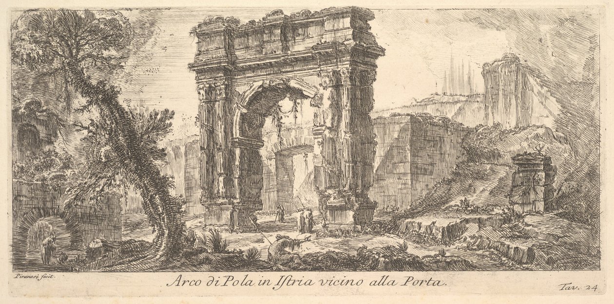 Tablica 24: Łuk Pola na Istrii w pobliżu Bramy Arco di Pula na Istrii w pobliżu Por ..., ca. 1750. autorstwa Giovanni Battista Piranesi