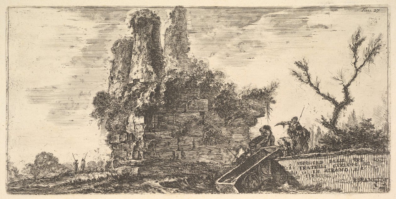 Tablica 27: Grób trzech braci Kuriatów w Albano Grobowiec trzech braci C…, ca. 1748. autorstwa Giovanni Battista Piranesi