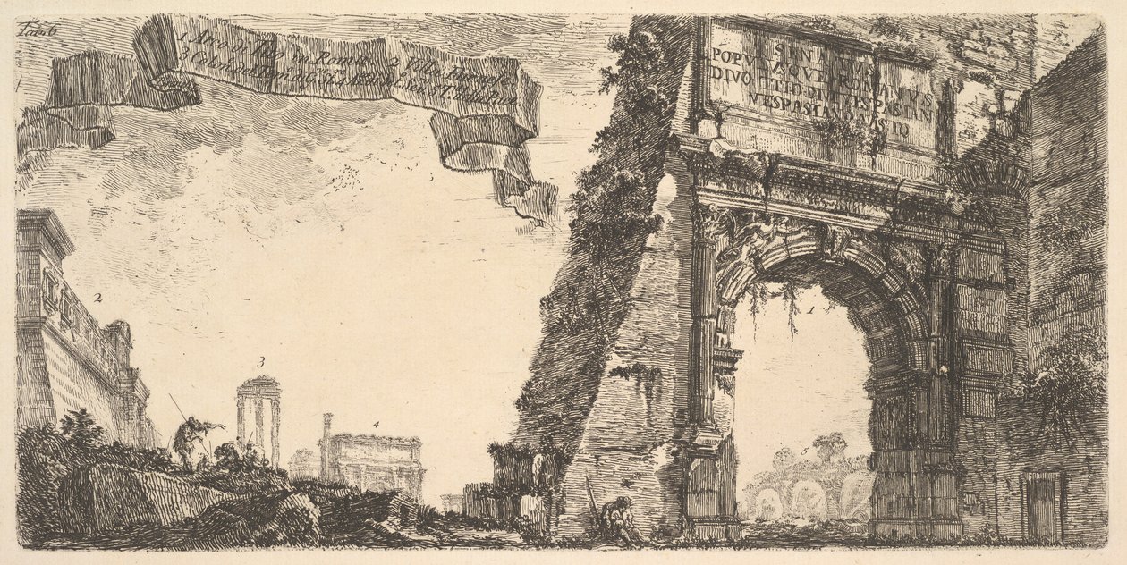 Tablica 6: 1. Łuk Tytusa. 2. Willa Farnese. 3. Kolumny świątyni Jowisza Stato..., ca. 1748. autorstwa Giovanni Battista Piranesi