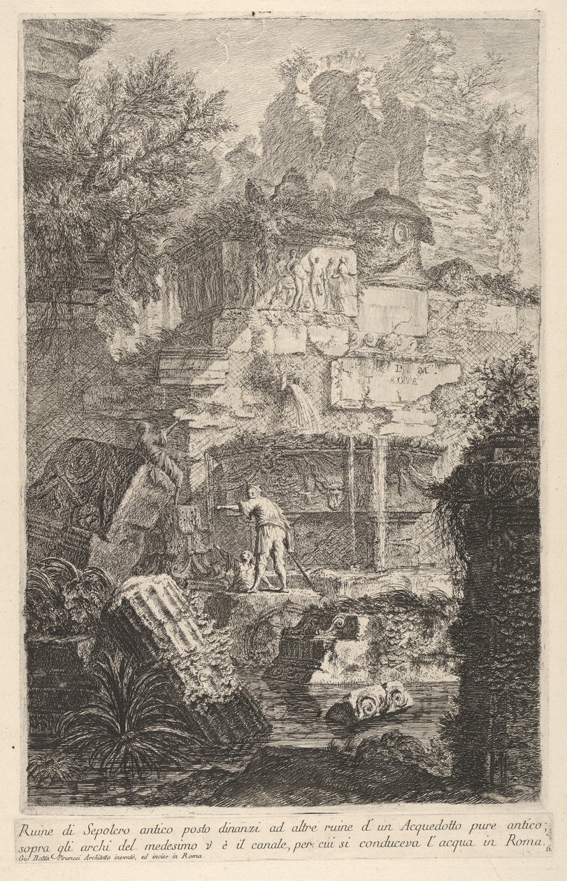 Płyta 6: Ruiny starożytnego grobowca przed ruinami starożytnego akweduktu, nad łukiem..., 1743. autorstwa Giovanni Battista Piranesi