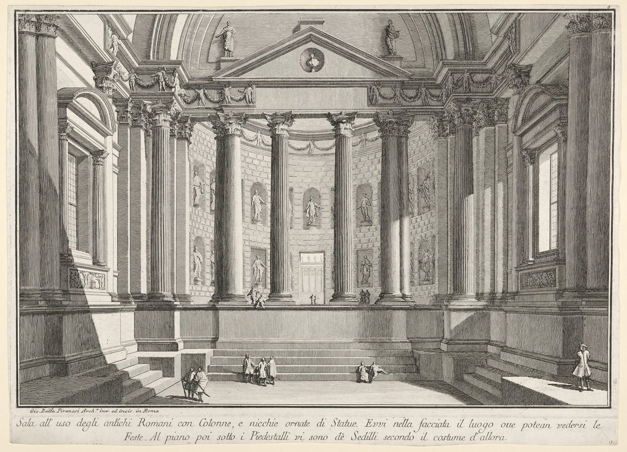 Tablica 9: Sala kolumnadowa według zwyczaju starożytnych Rzymian i zdobią nisze..., 1743. autorstwa Giovanni Battista Piranesi